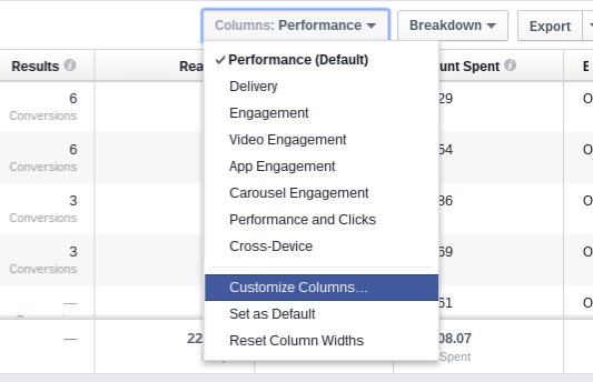 Facebook Customize Columns